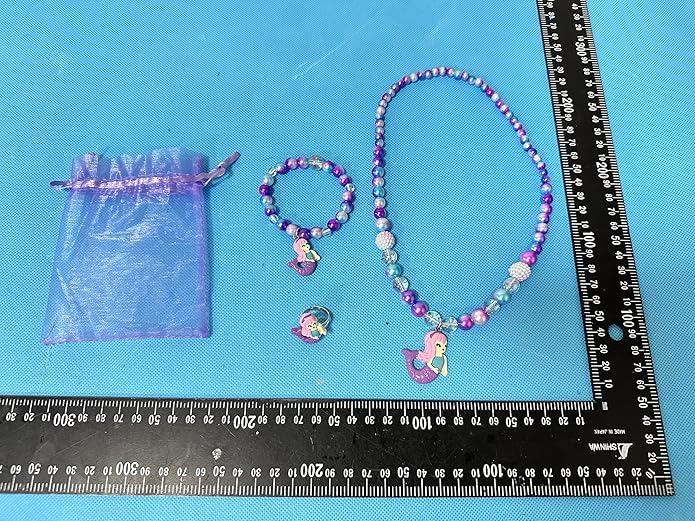 Girls Mermaid Necklace, Bracelet, Ring Set - Dress Up Pretend Play Jewelry Gifts for Kids & Toddlers - Mermaid Party Costume Supplies