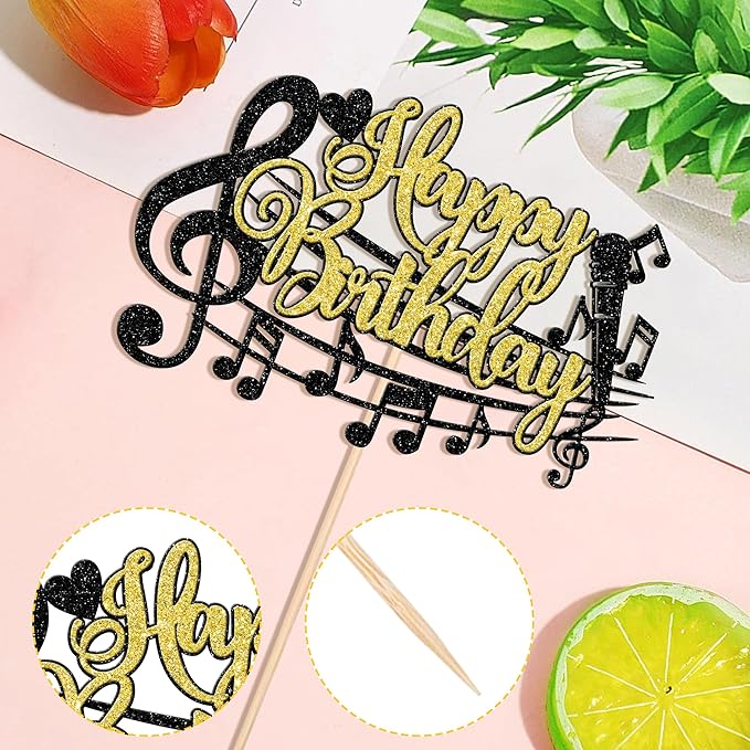1 PCS Music Happy Birthday Cake Topper Black Gold Glitter Musical Symbol Note Microphone Music Lover Birthday Cake Pick for Concert Singer Theme Party Cake Decoration Supplies
