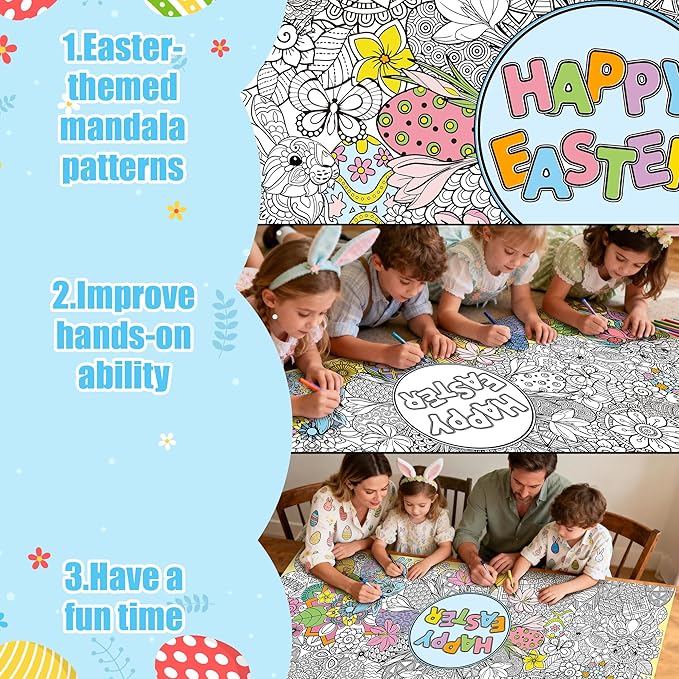 Dvbonike 2Pcs Jumbo Easter Mandala Coloring Poster - Easter Egg Bunny Flower DIY Drawing Color-in Paper Blank Art Banner 55.1 x 23.6 Inch Wall Decor, Home Classroom Activity Spring Party Supplies