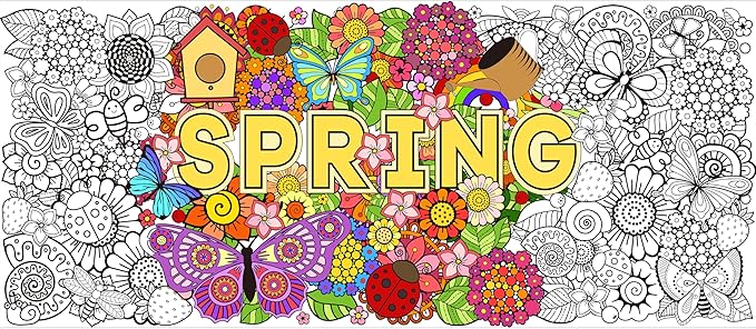 Dvbonike Jumbo Spring Mandala Coloring Poster Giant Flower Butterfly Color-in Paper Poster DIY Drawing Blank Doodle Art Banner 55 x 24 inch Decoration, Home School Activity Party Supplies for Kids