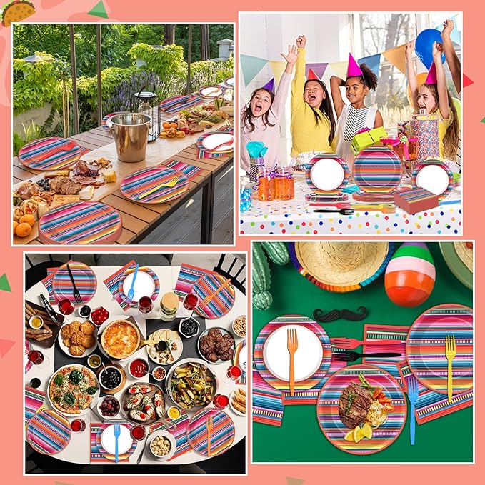 200PCS Mexican Paper Plates and Napkins Fiesta Taco Themed Party Supplies Mayo Mexican Party Decorations Serape Disposable Dessert Plates Dinner Tableware Set Stripe Mexico Dinnerware Favors