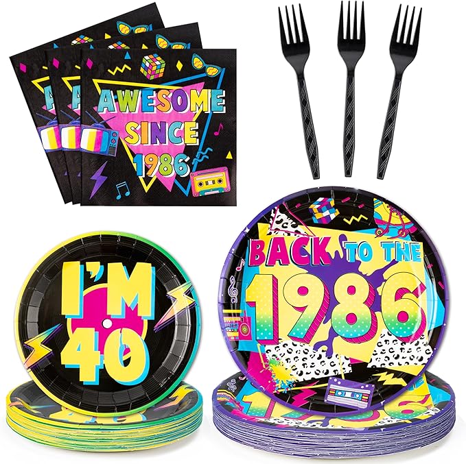 Haooryx 1986 40th Birthday Party Tableware - 96Pcs 80S Vintage Black Birthday Party Decor Supplies Back in 1986 Disposable Paper Plates Napkins Plastic Forks for Men Women 40 Years Old Birthday Party