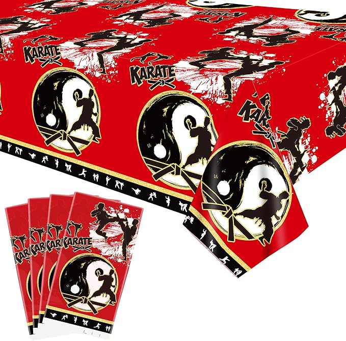 4 Pcs Karate Party Tablecloths, Karate Party Supplies, Rectangular Karate Themed Plastic Table Covers for Boys Girls Karate Birthday Party Decoration - 51 x 86 Inch