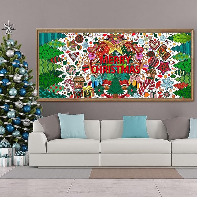 Dvbonike Jumbo Xmas Mandala Coloring Poster Giant Merry Christmas Color-in Paper Poster DIY Drawing Blank Doodle Art Banner 55.1 x 23.6 inch Decoration, Home School Activity Party Supplies for Kids