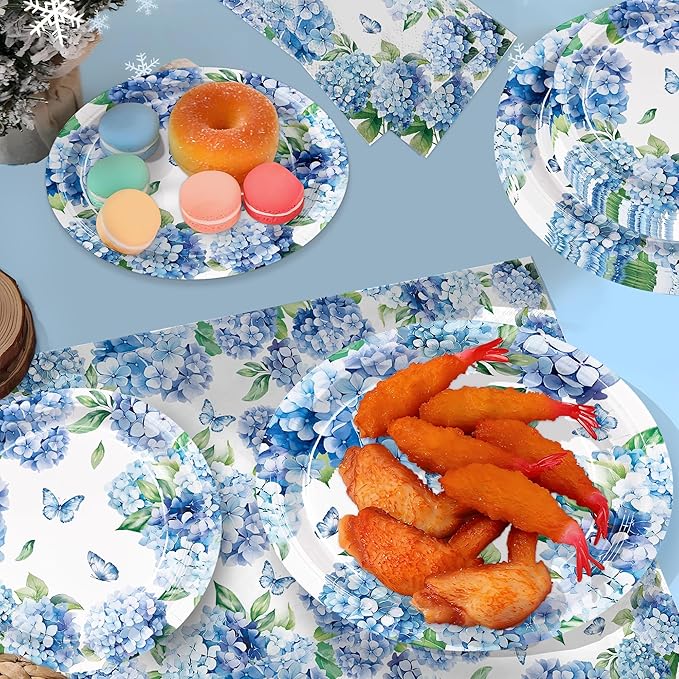 150pcs Hydrangea Plates Napkins Hydrangea Party Supplies Floral Tableware Set for Summer Wedding Birthday Tea Party Supplies Serve 50 Guests