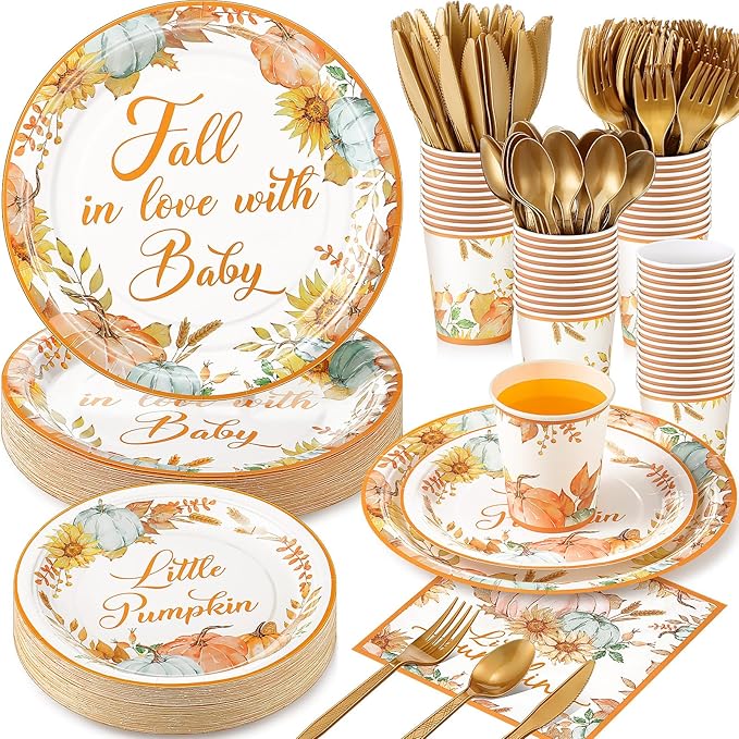350 Pcs Fall Baby Shower Party Supplies Fall in Love with Baby Paper Plates Napkins Cups and Plastic Cutlery Party Tableware Set for Autumn Shower Birthday Decorations, Serves 50