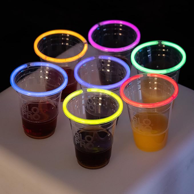 Glo Pro Glow Party Cups 16oz Light Up Neon Glowing Cups with Glow Sticks, Glow in the Dark Blacklight Party Supplies for Birthdays, Weddings, Bars & Raves.