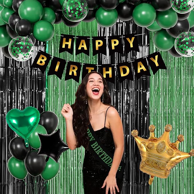 Black And Green Birthday Decorations for Men,Fringe Curtains Happy Birthday Banner,Red balloons,Cake Toppers for Boys