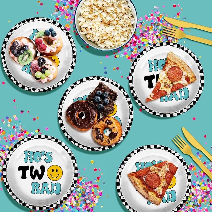 Two Rad Smiley Face Second Birthday - 32 Piece Disposable Party Supplies - Decorations for 2nd Birthday Round Party Plates - Large 9" Paper Plates In Bulk