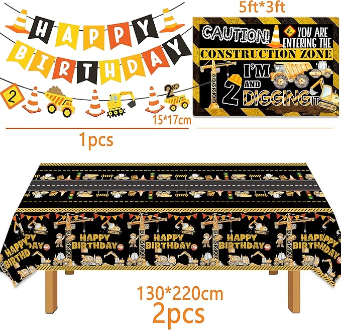 Construction 2nd Birthday Party Supplies ,Dump Truck 2nd Birthday Party Decorations Tableware Includes Box Cutout Sash Plates, Cup, Napkin, Balloon, Backdrop, Tablecloth, Banner, Construction 2nd