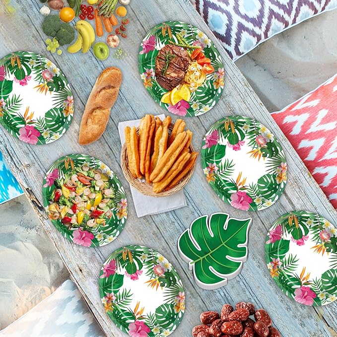 50PCS Hawaiian Luau Party Oval Paper Plates Green Leaf Shape Napkins Aloha Floral Party Supplies Large 11in Summer Platters Tableware Decoration Disposable Tropical Dish Tray for Beach Birthday Party