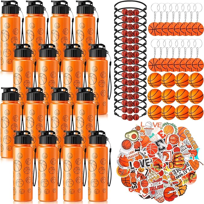 LemonRoad 164 Pcs Sports Party Favors Set 16 Plastic Cups 16 Charm Bracelets 16 Keychains 16 Mini Foam Stress Balls 100 Stickers for Sports Party Supplies (Basketball)