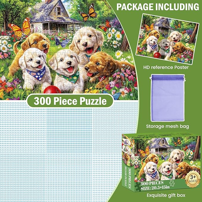 300 Piece Puzzles for Adults, Garden Dog Jigsaw Puzzle for Children Elderly, Large Piece Fun Animal Puzzle for Kids Ages 8-10 10-12,Cute Puppy Pet Lover Jigsaw Puzzles,Family Game Great Gift 20.5*15in