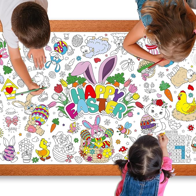 Easter Large Coloring Poster for Kids, Happy Jumbo Coloring Paper Tablecloth, Bunny Eggs Color-in Craft Activities for School Classroom Home Party Supplies Decorations, 30 x 72 Inch