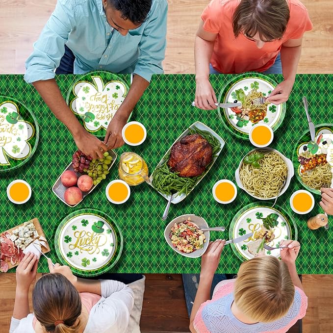 St. Patrick's Day Party Supplies Tableware Set Irish Themed Tableware with Lucky Shamrock Paper Plates Napkins Cups Tablecloth Banner for St. Patrick's Day Party Decorations, Serves 24