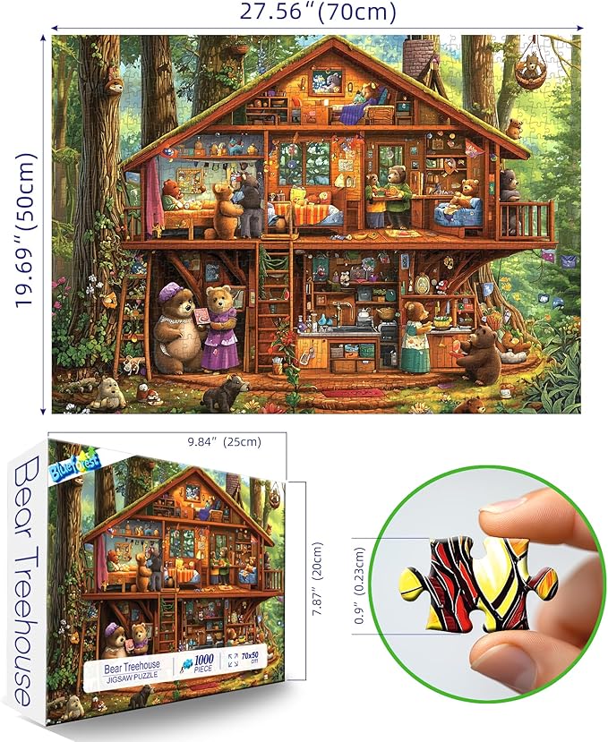 Blueforest 1000 Piece Jigsaw Puzzle - Large Forest Treehouse Bear Family Art Puzzle | Challenging Fun for Adults Home Decor (27.5 x 19.7 Inches)