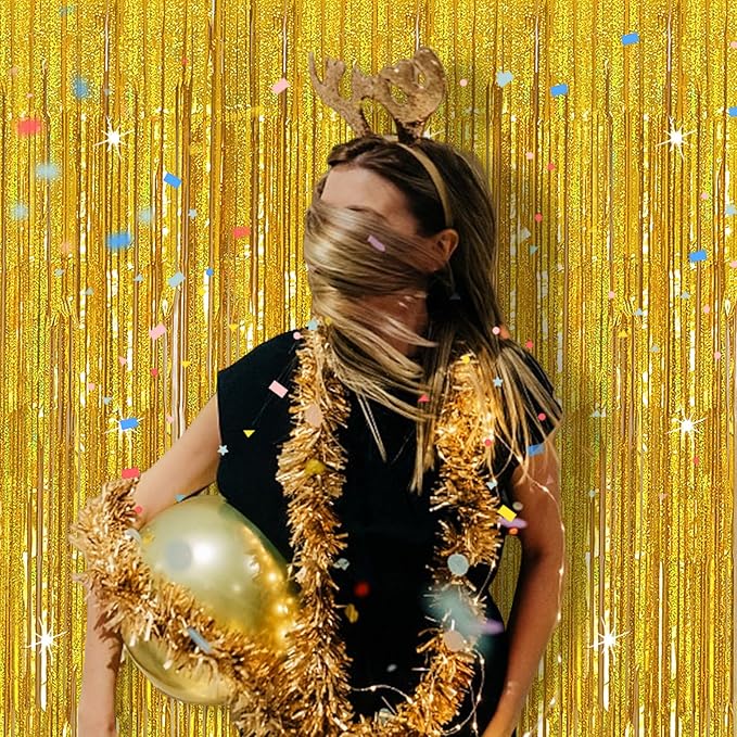3 Pack Gold Backdrop Birthday Decorations Foil Curtain Backdrop Gold Streamers Dance Party Decorations Photo Booth Props for Bachelorette Decorations Christmas Halloween New Years Eve Party Supplies