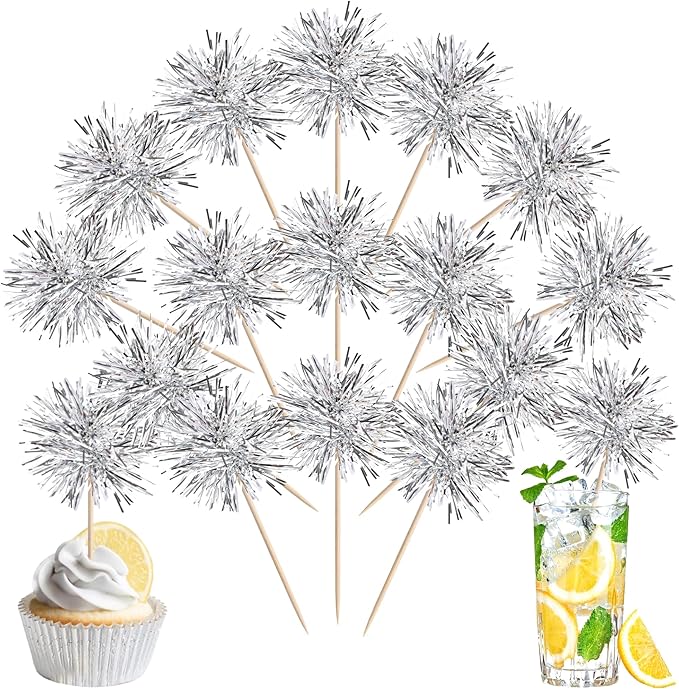 40 PCS Foil Firework Cupcake Toppers Fireworks Cupcake Picks Sparkle Tinsel Cake Decorations Cocktail Fruit Toothpick for Firework Theme Birthday Wedding Graduation Party Decorations Supplies Silver