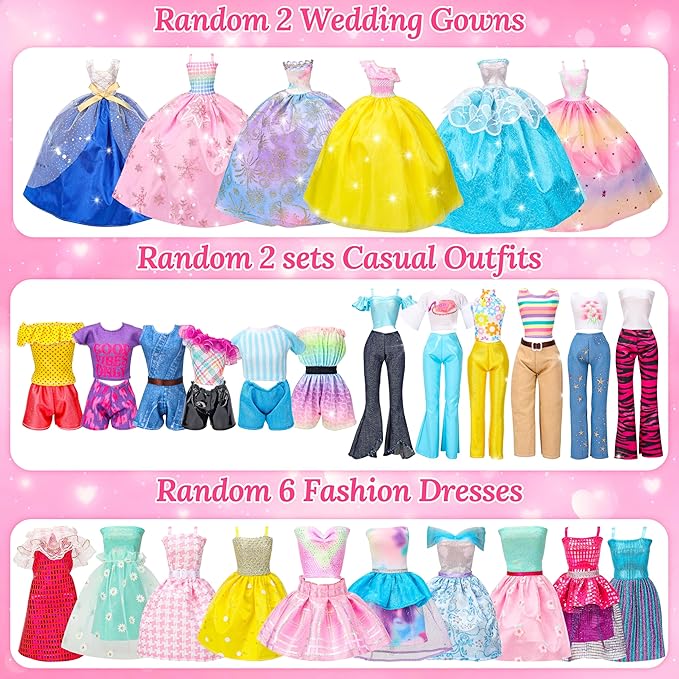 70 Pcs Doll Closet with Clothes & Accessories Playset,2 Wedding Gowns 6 Fashion Dresses 2 Tops 2 Pants 2 Swimsuits 10 Shoes 20 Hangers 27 Accessories Toys for Girls Kids Birthday Gifts