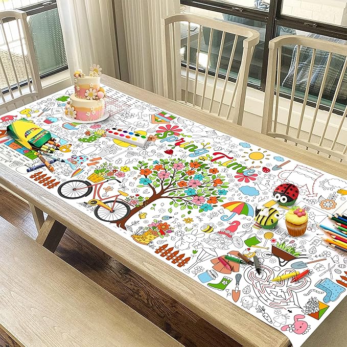 Spring Coloring Tablecloth for Kids, Giant 30x72 Inch Poster with Flowers, Rainbows, Nature Icons, Perfect for Party Games, Seasonal Decorations, Creative Activities, Event Supplies