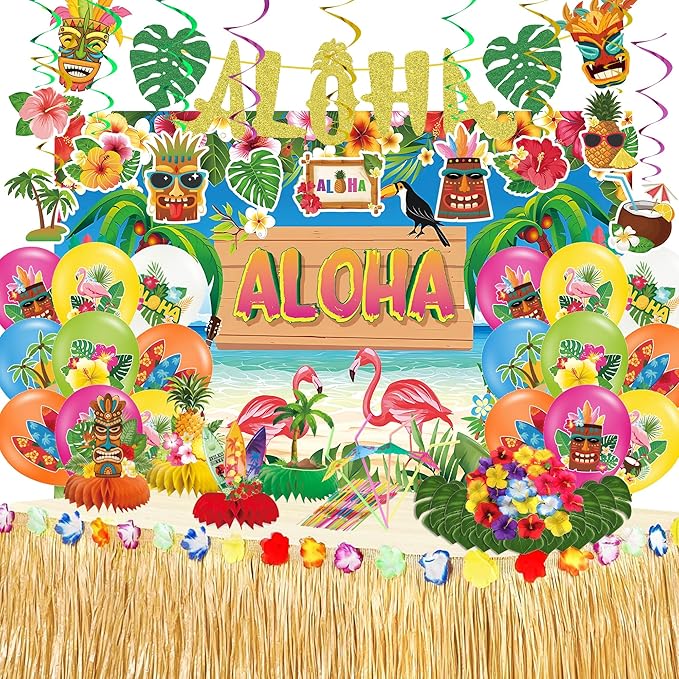 101PCS Hawaiian Themed Party Decorations Set, Tropical Beach Aloha Summer Party Supplies, Including Backdrop, Table Skirt, Honeycomb Centerpieces, Balloons for Luau, Tiki Birthday Party