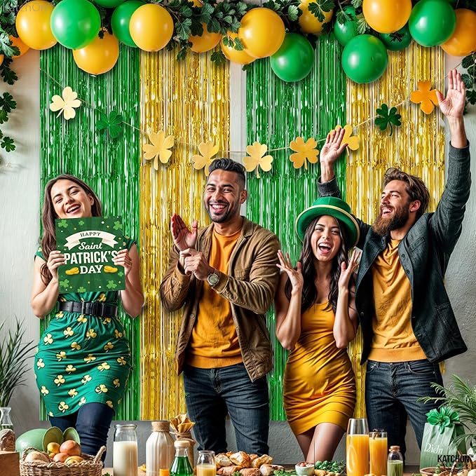 KatchOn, Green and Gold Foil Fringe Curtains - 6.5x6.5 Feet | St Patricks Day Backdrop for St Patricks Day Decorations | St Patrick's Backdrop, St. Patrick's Day Decorations