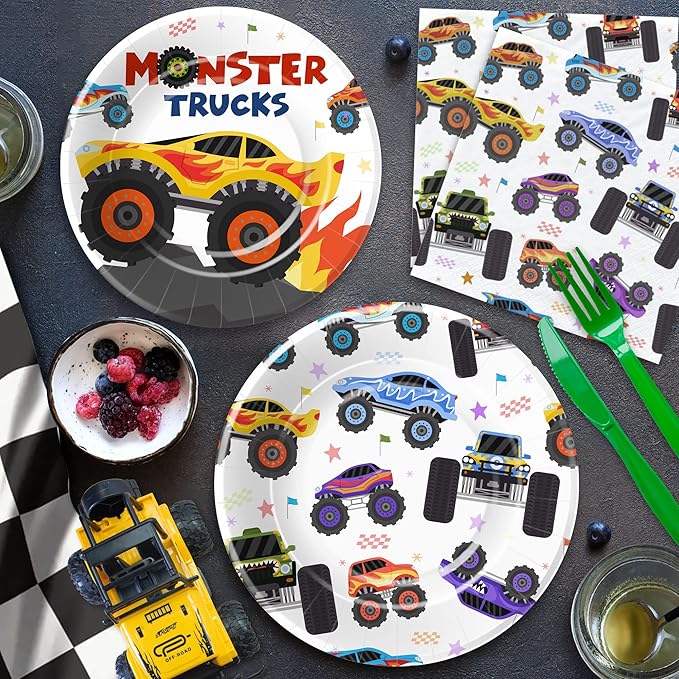 APOWBLS Monster Truck Birthday Party Supplies, Monster Theme Jam Party Decorations Tableware, Plate, Napkin, Tablecloth, Fork, Monster Truck Birthday Plate And Napkin Decorations Dinnerware | Serve 24