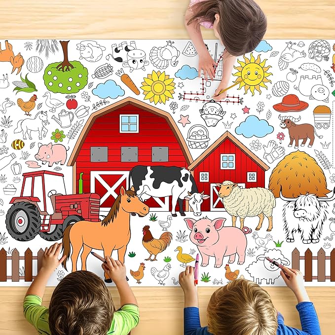 Farm Coloring Tablecloth for Kids, Giant 30x72 Inch Poster with Barns, Tractors, Animals, Perfect for Farm Party Games, Country Decorations, Classroom Activities, Event Supplies