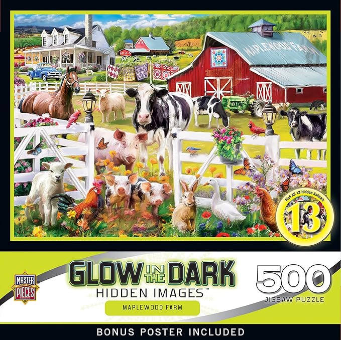 Masterpieces Maplewood Farm Jigsaw Puzzle - 500 Pieces, Glow in The Dark, Hidden Images - Adult