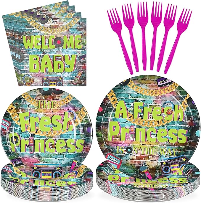 96Pcs Fresh Princess Baby Shower Party Decorations 90s Hip Hop Graffiti Plates and Napkins Disposable Vintage Themed Tableware Set for 90s Girl Baby Fresh Princess Baby Shower Party Supplies Serves 24