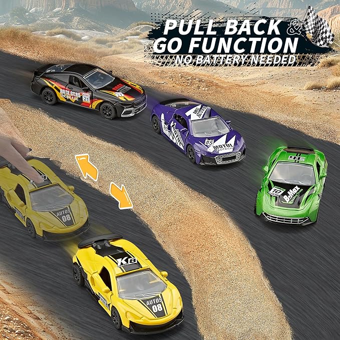 KIDAMI Racing Pull Back Cars for Kids, Die Cast Metal Toy Cars with Door Openable, Mini Sports Car Vehicles Pack Playset for Boys Girls Toddlers