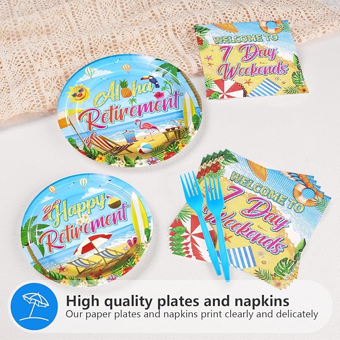 Grencian 96Pcs Tropical Retirement Party Decorations Hawaiian Aloha Retirement Plates and Napkins Disposable Hawaiian Luau Paper Tableware Set for Summer Beach Theme Party Supplies, Serves 24