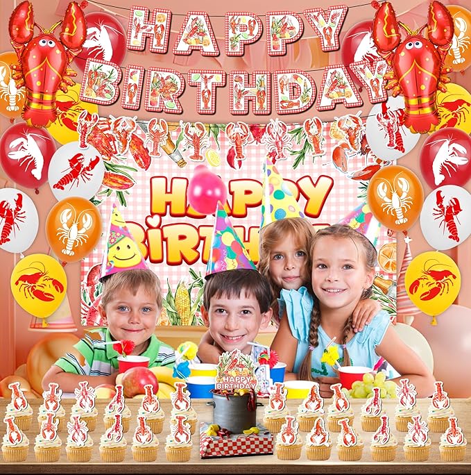 46Pcs Crawfish Boil Party Supplies Include Banner-Backdrop-Balloons-Cake Topper-Cupcake Toppers-Aluminum Film Balloons for Lobster Party Decorations