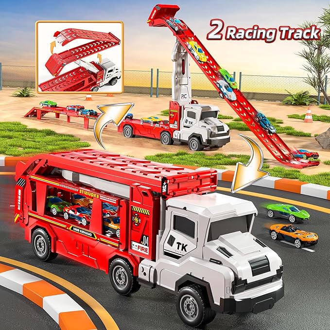 Truck Toys for Kids, Transport Vehicle with 12 Die-Cast Car, Double Race Car Track Cars Ramp Toy, Carrier Truck for Toddler 3-5, Christmas Birthday Gift for 3 4 5 6 7 8 Years Old Boys Girls