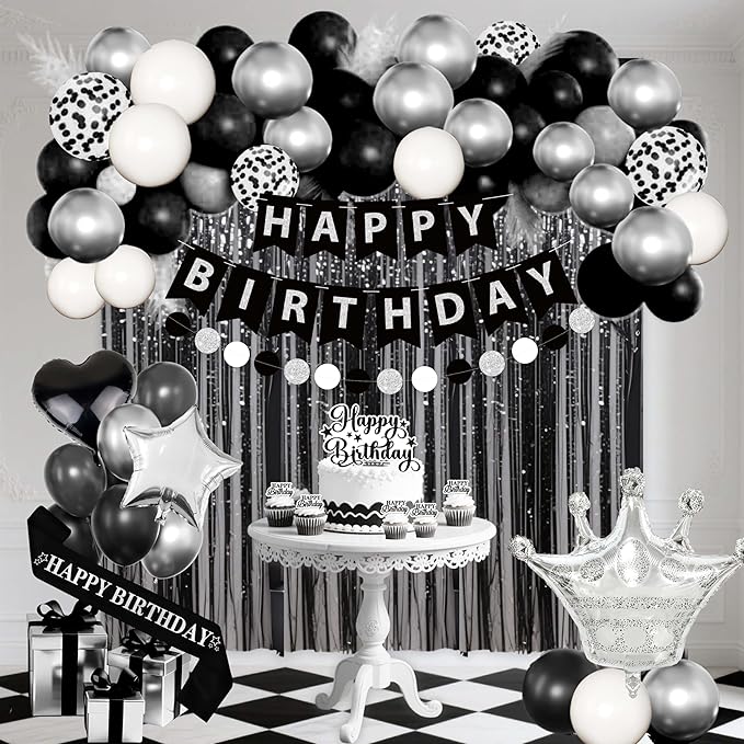 Black Silver Birthday Decorations for Men,Fringe Curtains Happy Birthday Banner,Red balloons,Cake Toppers for Boys