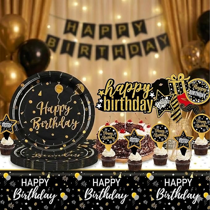 Black and Gold Birthday Decorations - Party Supplies Kit with Tablecloth, Paper Plates, Photo Props, Crown Foil Balloon, Fringe Curtains, Cake Toppers and Banner for Men Women 18th 21st 30th 40th 50th