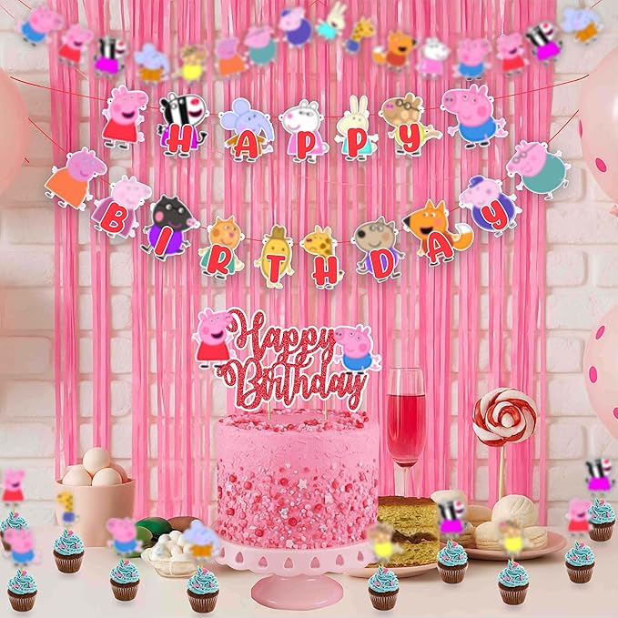 "Pepa Pig Theme Birthday Party Supplies – Cartoon Character Birthday Decorations – Happy Birthday Banner, Cake Topper, Cupcake Toppers & Party Décor for Boys and Girls Celebrations"