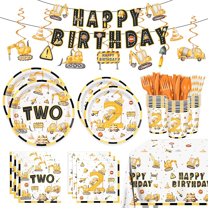 201pcs Construction 2nd Birthday Party Decorations 2nd Plates Napkins Tableware Set Disposable Paper Cup Banner Hanging Swirl Tablecloth for Boys Construction Two Years Old Party Supplies Serves 24