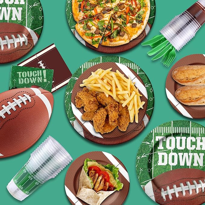 173PCS Football Party Supplies Kit for 24 Guests - Football Birthday Supplies with Paper Plate Napkin Big Cup Cutlery Banners Touchdown Tablecloth Tailgate Party Decorations(A)
