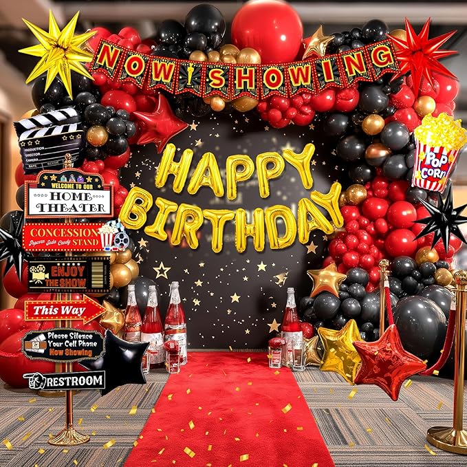 150pcs Movie Themed Birthday Party Decorations, Movie Night Birthday Decorations, Movie Theater Bday Decor Balloons Arch, Now Showing Popcorn Concessions Banner, Foil Balloons