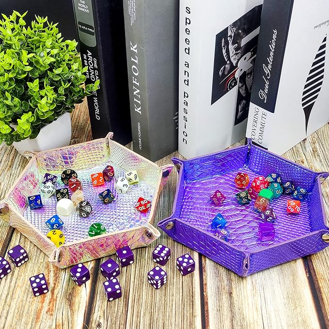 SIQUK 2 Pieces Mermaid Dice Tray PU Leather Dice Trays Portable Folding Hexagon Dice Roller Tray for Dice Games Like RPG, DND and Other Table Games (Violet, Light Violet)