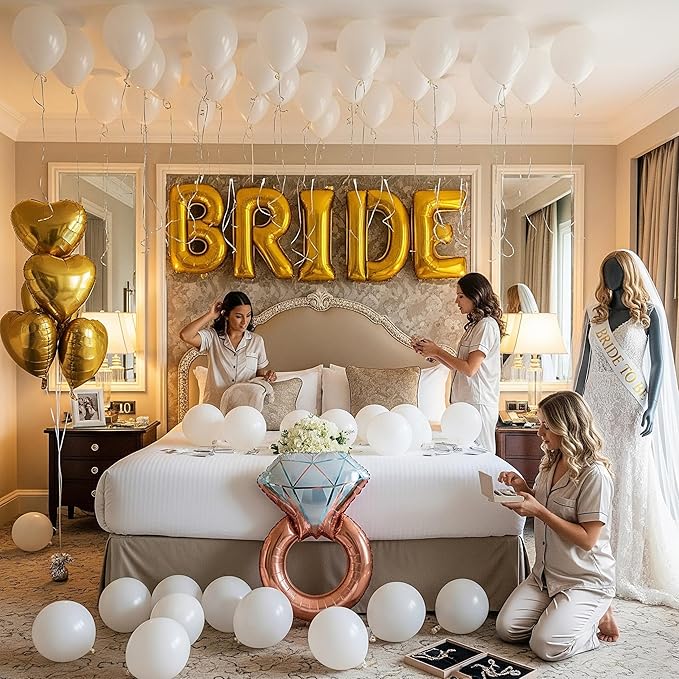 Gold Bridal Shower party decorations with huge 40in Gold BRIDE letter Pearl Balloons BRIDE to be Sash Bridal Veil Diamond Ring Heart shape Balloons For Bachelorette party Wedding supplies