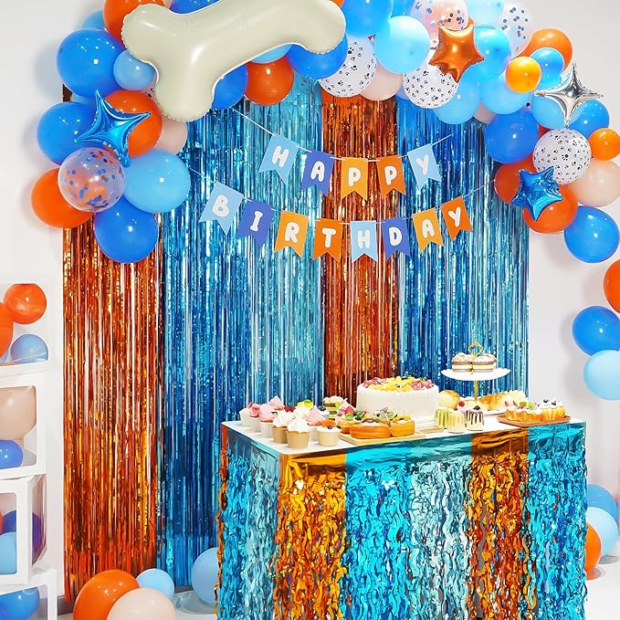 Blue Dog Birthday Party Decorations Supplies, Blue Tinsel Foil Fringe Curtain Backdrop Table Skirt Decor Balloon Garland Arch Happy Birthday Banner Kit for Boy Girls -110 Pcs