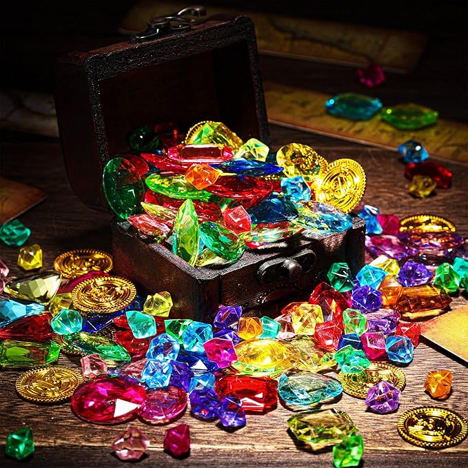 Gejoy 430 Pcs Summer Pool Pirate Party Favors Pirate Treasure Jewels and Gold Fake Coins Booty Chest Play Set with Drawstring Bag for Summer Diving Adventure Themed Party Decorations
