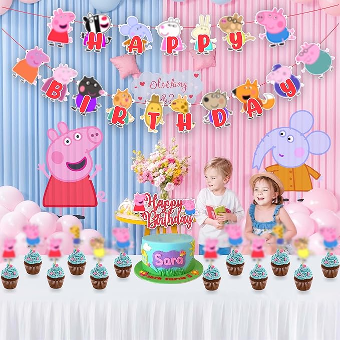"Pepa Pig Theme Birthday Party Supplies – Cartoon Character Birthday Decorations – Happy Birthday Banner, Cake Topper, Cupcake Toppers & Party Décor for Boys and Girls Celebrations"