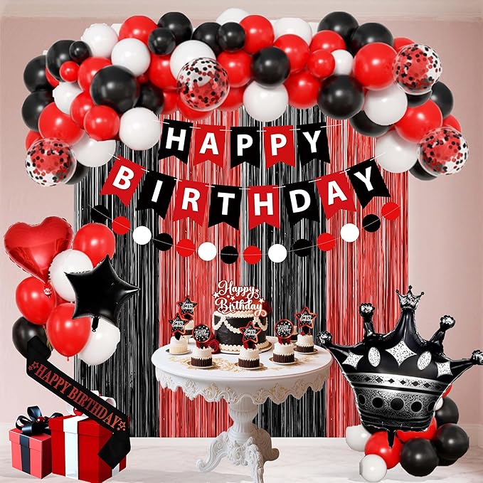 Red And Black Birthday Decorations for Women,Fringe Curtains Happy Birthday Banner,Red balloons,Cake Toppers for girls