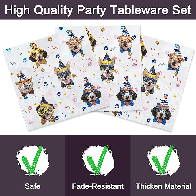 Fesciory 96 Pcs Dog Birthday Party Plates Napkins Forks Supplies Tableware Set Disposable Paper Dog Theme Decoration for Kids Birthday Party, Serves 24 Guests