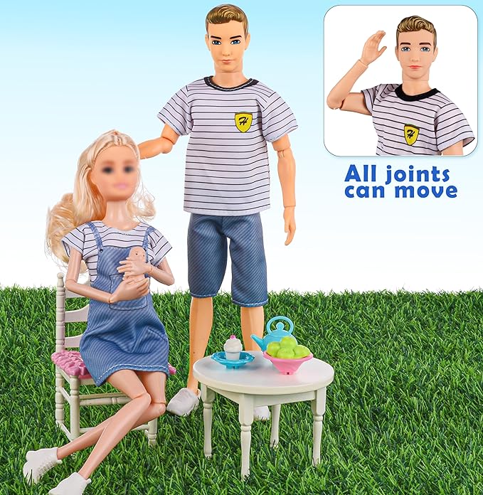 Dolls Family Playset with Baby Stroller Set- 6 People, Pets & Accessories for 3-12 Years Old | Toddler Gift with Pregnant Mom, Dad, 3 Kids, Dogs, and Interactive Play