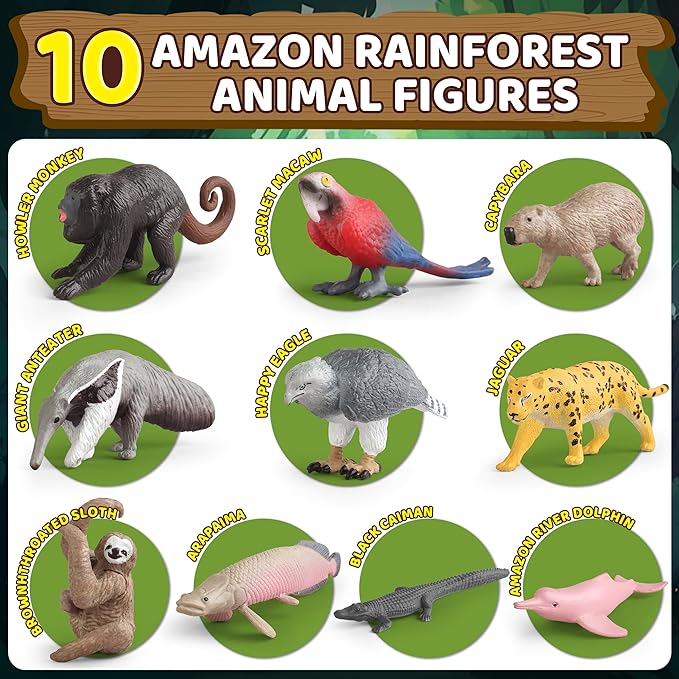37PCS Rainforest Animals Figures Toys Set, Rainforest Diorama Supplies Include Jungle Animal Figurines,Trees, Moss, Sand, Stones for Kids Historical Education School Project Decoration Birthday