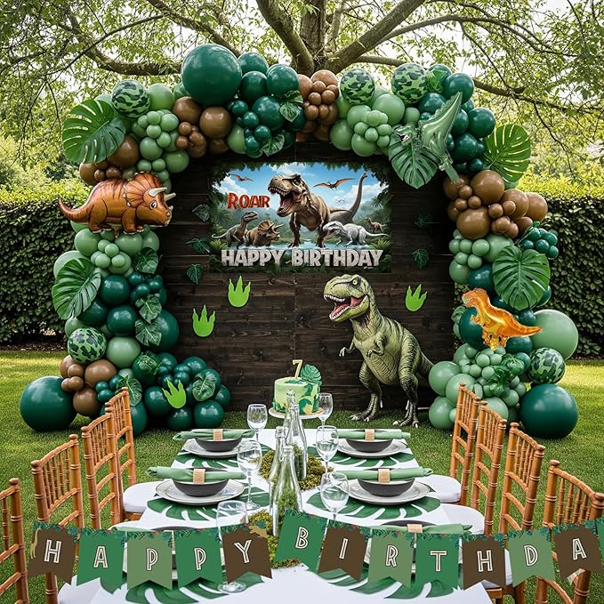 Dinosaur Birthday Party Decorations - Includes Green and brown balloon arch & Small dino Foil balloons & Banner Backdrop Footprint Sticker & for kids Jungle Dinosaurs T-REX ROAR themed party Supplies